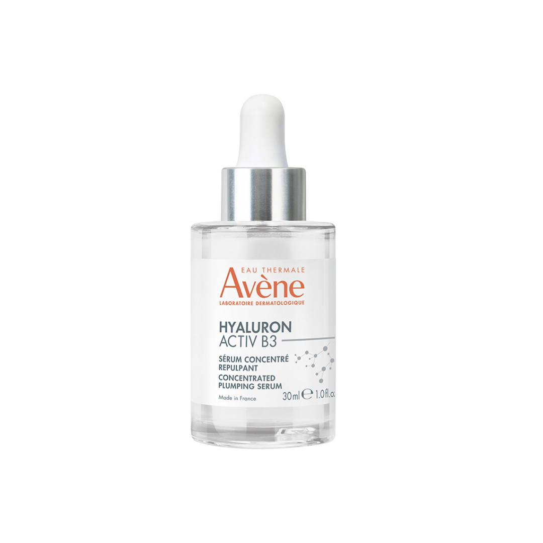 Avene Hyaluron Activ B3, A concentrated, healthy-aging serum formulated with 6% Niacinamide and pure Hyaluronic Acid to immediately smooth and firm skin while diminishing the appearance of visible fine lines and wrinkles for a radiant, hydrated complexion.